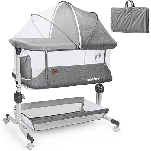 MOMFANN Baby Bassinet Bedside Sleeper, Upgraded Stability Bedside Crib with Full Mesh Sides, Soft Sheet, 6-Height Adjustment, Storage Basket, Easy Folding Portable Bassinet for Newborns, Gray