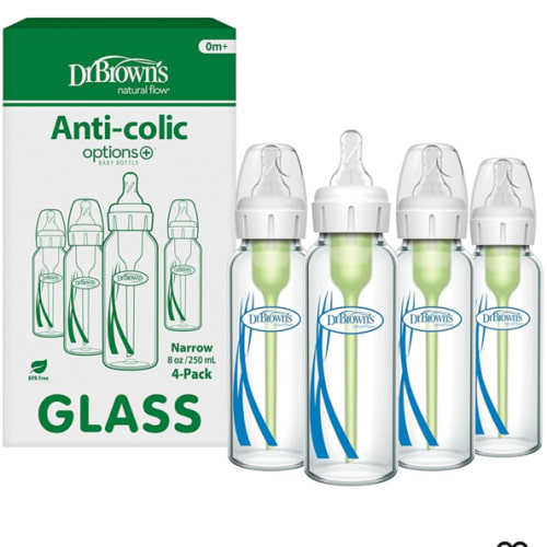 Dr. Brown's Natural Flow Anti-Colic Options+ Narrow Glass Baby Bottle 8 oz/250 mL, with Level 1 Slow Flow Nipple, 4 Pack, 0m+