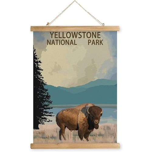 MIDEFINCH Vintage Yellowstone National Park Poster with Wooden Frame Wall Decor Retro National Park Patterns Printed on Linen Canvas Art for Bedroom Living Room Decor.(16 X 23 inches)