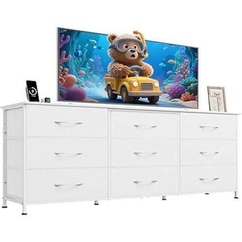 WLIVE 63''W Dresser for Bedroom, White Dresser TV Stand for 65, 70, 75 inch TV, Wide Chest of Drawers with 9 Drawer, Large Entertainment Center, Fabric Dressers with Wood Top for Closet, Living Room