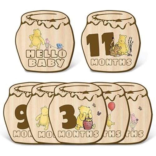 7Pcs Winnie Monthly Milestone Markers, Double Sided Honey Pot Months Wooden Signs for Baby Boy Girl, Baby Monthly Announcement Wooden Discs for Newborn Photo Prop