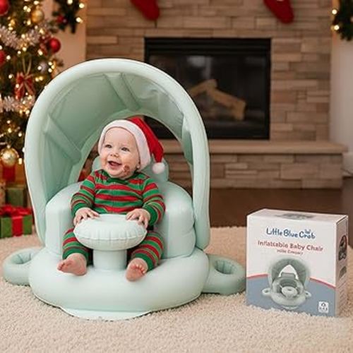 Blow Up Inflatable Baby Seat for 3-36 Months w/Built-in Pump & Detachable Canopy, Sit Me Up Floor Seat for Baby w/Safety Straps, Inflatable Infant Chair (Canopy + Cup Holders) is Ideal Christmas Gift