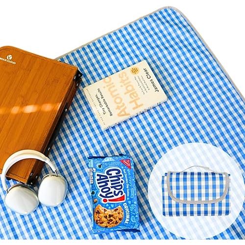 Cute Gingham Picnic Blanket, Waterproof Foldable, in Large 80x60in and Extra Large 80x80in, Portable Compact Beach Blanket, Oversized XL Outdoor Mat (Blue, X-Large)