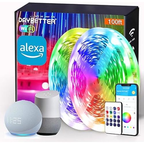 DAYBETTER Smart WiFi Led Lights 100ft - Led Strip Lights Work with Alexa and Google Assistant RGB Strip Lighting Music Sync Color Changing with App Voice Remote Control for Room Bedroom Decor 50ft*2