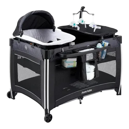 Pamo Babe 4 in 1 Baby Playards with Bassinet & Changing Table, Portable Crib Breathable Mesh and Toy Mobile