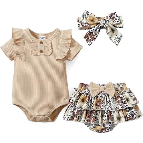PATPAT Baby Girls Clothes Infant 2 Piece Outfit Summer Cotton Ruffle Sleeve Romper and Floral Shorts Set