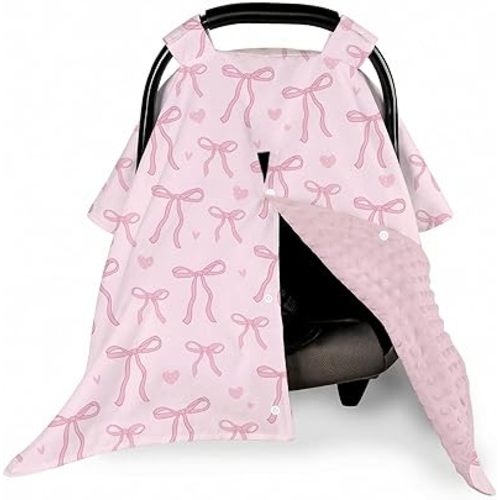 Pink Bow Baby Car Seat Cover for Baby Girl, Carseat Covers with Opening Cozy for Newborn Girls, Nursing Covers for Mom Canopy Shower Gift