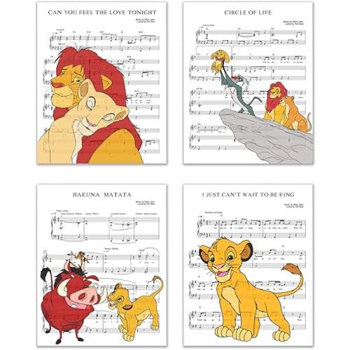 Lion King Song Photos - Set of 4 (8 inches x 10 inches) Music Sheet Poster Prints - Simba Nala Pumbaa Timon