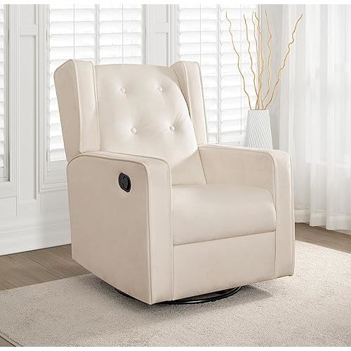 Naomi Home Relieve Muscle Aches with Nursery Glider, Upholstered Rocker Recliner Rocking Breastfeeding Maternity Chair with 360° Swivel, Soft Cushions for Nursing and Bonding, Reclining Chair - Cream
