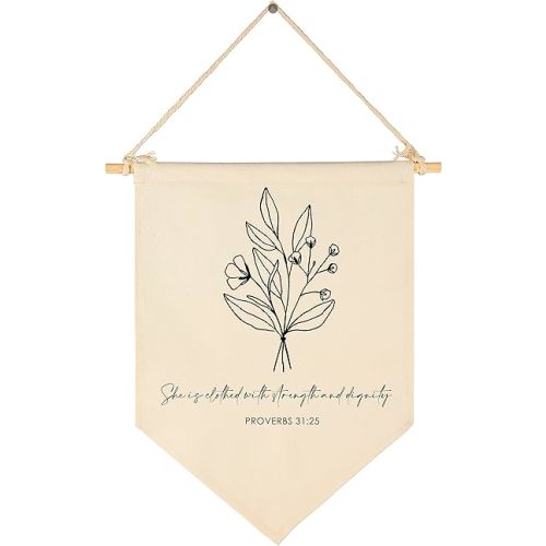FYSIA Botanical Wall Art - Canvas Pennant Flag Banner - Proverbs 31:25 - Wall Decor for Nursery, Bedroom, Playroom - Lightweight, Unframed, Indoor