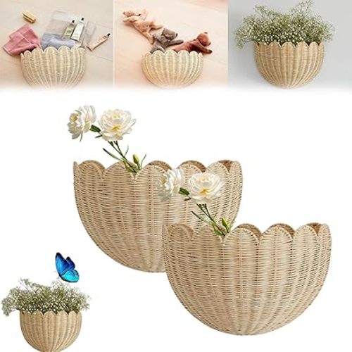 Scalloped Wall Basket,Handmade Woven Wicker Hanging Basket with Metal Frame for Wall Storage & Home Decor in Bathroom, Kitchen, Living Room (16"x7"x10"(2pcs))