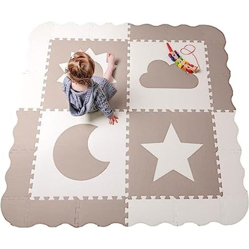 Baby Play Mat Tiles - 61" x 61" Extra Large, Non Toxic Foam Baby Floor Mat - Beige & White Interlocking Playroom & Nursery Playmat - Safe & Protective for Infants & Toddlers (Beige)