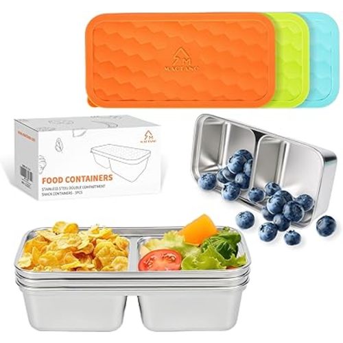 Stainless Steel Snack Containers, 15 OZ Double Compartment Reusable Snackle Box with Lids 3PCS