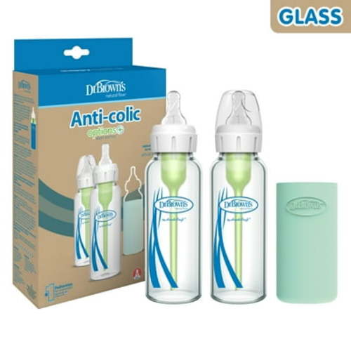 Dr. Brown's Anti-Colic Glass Baby Bottle, 8oz Options+ with Slow Flow Nipple, Silicone Sleeve, 2pk