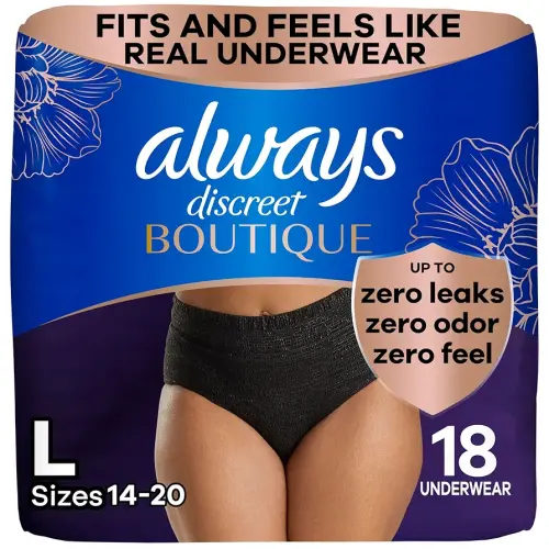 Always Discreet Boutique Incontinence and Postpartum Underwear for Women, Maximum Protection, L, Black, 18 Count (Packaging May Vary)