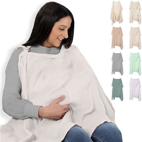Miflor Muslin Nursing Cover - Large 42x30 Inches Nursing Cover Up for Breastfeeding | Breast Feeding Covers for Women with 2 Pockets, Carry Bag, Muslin Cotton, Stylish & Comfortable Design