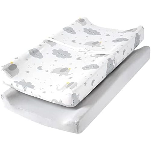 TILLYOU Changing Pad Cover Set, Jersey Knit Ultra Soft Unisex Diaper Change Table Sheets for Baby Boys Girls, Fit 32"/34''x16" Contoured Pad, Comfy Cozy 2-Pack Cradle Sheets, Elephant & Cloud, Grey