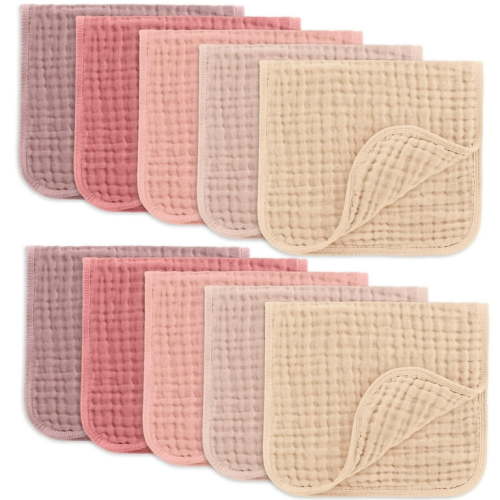 Burp Cloths 20" x 10", Pack of 10 - Large, 6-Layer, Ultra Absorbent 100% Cotton for Baby Drool and Messes - Soft, Safe & Gentle Baby Burp Cloths for Boys & Girls - Multi
