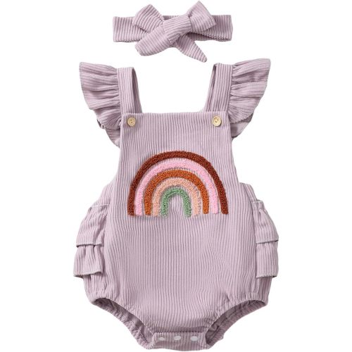 Hnyenmcko Newborn Baby Boy Girls Clothes Infant Rainbow Romper Waffle Ruffled Sleeveless Backless Bodysuit Jumpsuit Outfit - 0-3 Months - B-purple Corduroy