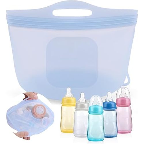 Palksky Large Silicone Microwave Steam Bags for Baby Bottles Reusable Silicone Steaming Bags for Breast Pump Parts Pacifiers Nipples Teethers Soother for Mom Home and Travel Blue