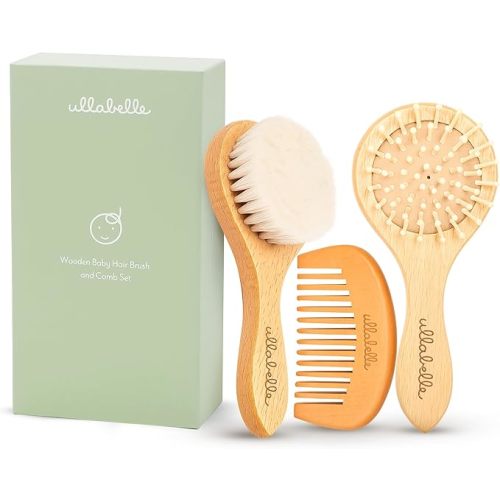 Ullabelle 3 Piece Wooden Baby Hair Brush and Comb Set for Newborns & Toddlers in Chic Gift Box - Ultra Soft Natural Goat Hair and Wood Baby Brush Set Prevents Cradle Cap - Perfect Registry Gift (Sage)