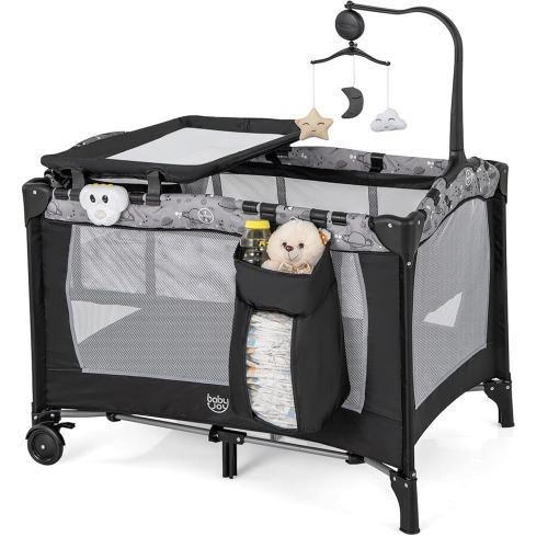 BABY JOY 3 in 1 Pack and Play, Portable Baby Playard with Bassinet, Changing Table, Lockable Wheels, Glowing Music Box, Travel Baby Crib Bassinet Bed from Newborn to Toddler