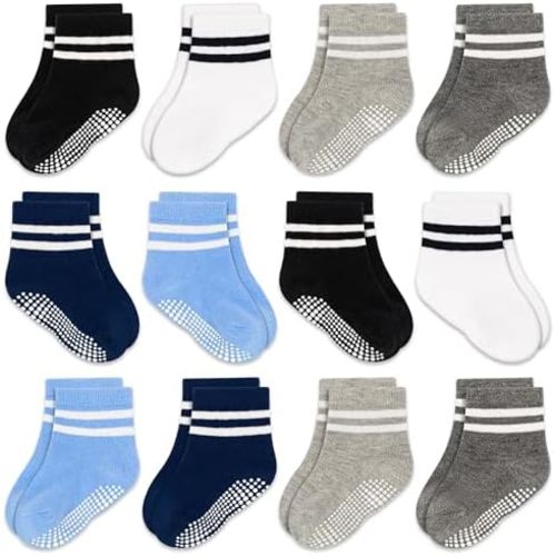 Baby Toddler Non Slip Socks 12 Pairs Newborn Socks with Grip Toddler Grip Socks Anti Slip Crew Socks for 0-7 Years Boys Girls