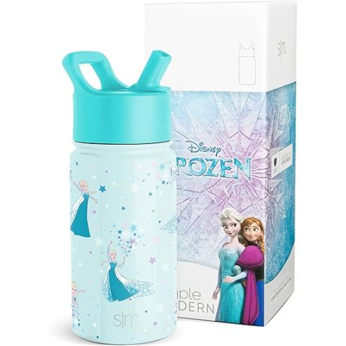 Simple Modern Disney Frozen Elsa Kids Water Bottle with Straw Lid| Reusable Insulated Stainless Steel Cup for Girls, School | Summit Collection | 14oz, Frozen Elsa's Snowflake
