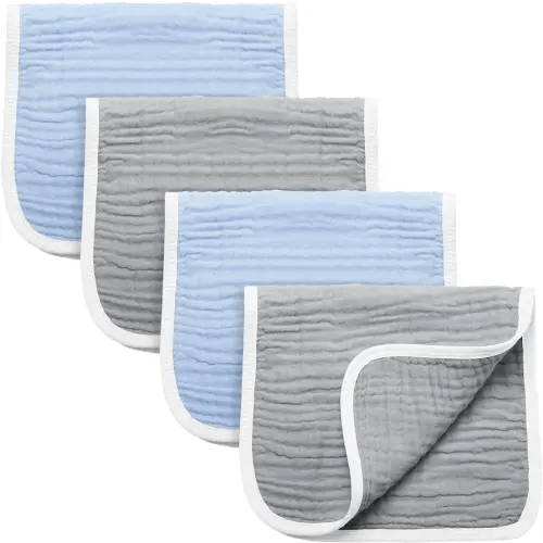 Synrroe Burp Cloths Large, Muslin Burp Cloths for Baby Girls and Boys, Pack of 4 Extra Absorbent and Soft Muslin Bibs, 6 Layers 20 by 10 Inches 100% Cotton (Blue-Grey 4 Pack)