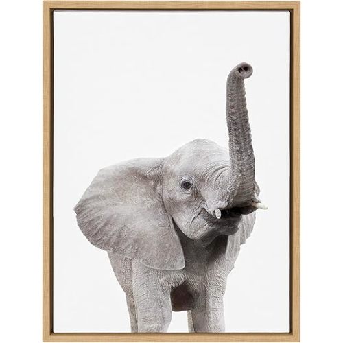 Kate and Laurel Sylvie Elephant with Raised Trunk Animal Print Portrait Framed Canvas Wall Art by Amy Peterson, 18x24 Natural