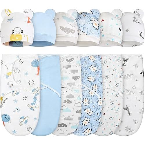 Ramede 6 Pack Baby Swaddle Blanket with Hats Sleep Swaddle for 0-3 Months Newborn Sacks Soft Cotton Wearable for Boy Girl