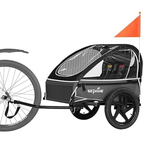 Sepnine Kids Bike Trailer, Suitable for 1 to 2 Kids, 12+ Months, Quick Attach to Bike, Foldable, with 5-Point Harness and Storage Bags