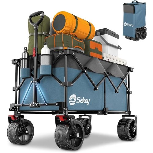 Sekey 220L Collapsible Foldable Wagon with 330lbs Weight Capacity, Heavy Duty Folding Utility Garden Cart with Big All-Terrain Beach Wheels & Drink Holders.Blue&Grey - Blue&grey