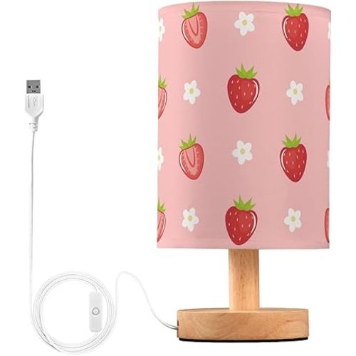 Bedside Table Lamp Cute Strawberry Florals Nightstand Lamp with Wood Fruits Flowers Pink Desk Lamps for Bedroom Living Room Nursery Office Home Decor