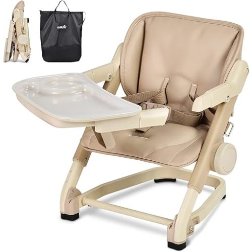 Unilove Feed Me 3-in-1 Travel Booster Seat | Adjustable with Detachable Tray, Lid and Carry Bag, 3-Way Security Safety Harness, Ergonomic & Comfortable Cushion to Support Babies and Toddlers, Milky Tea