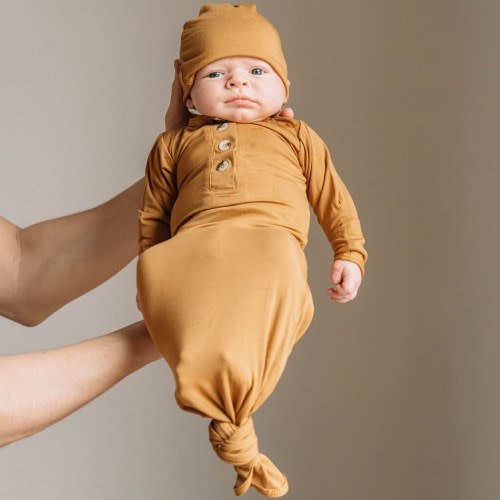 Camel Brown Newborn Baby Boy/Girl Gown Set - Soft Came Button Newborn Infant Gown/Hat/Bow Set, Camel Newborn Tied Knotted Gown, Baby Gown