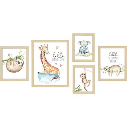 ArtbyHannah Framed Jungle Friends Nursery Wall Decor, Animal Prints Baby Wall Art for Kids Playroom, Bedroom Decoration (5 Pack, Multi-Size, Giraffes, Sloths, Monkeys, Elephants)