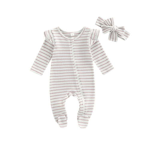 Canrulo Newborn Baby Girls Striped Sleeper Zipper Footie Romper Ruffle One Piece Infant Clothes White 3-6 Months