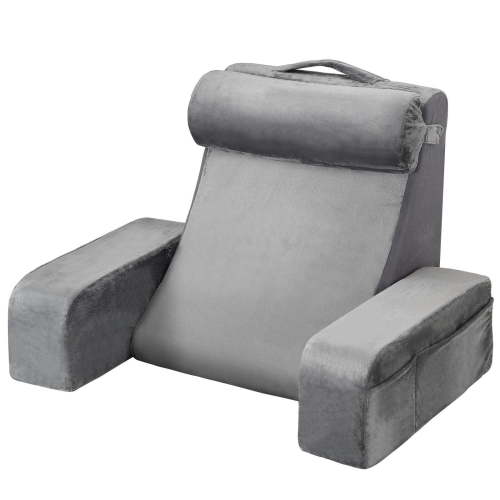 Reading Support Pillow Large Size with Arms 3 Pockets Removable Headrest 25D Sponge Backrest Cushion Handle for Gaming Resting Working Grey