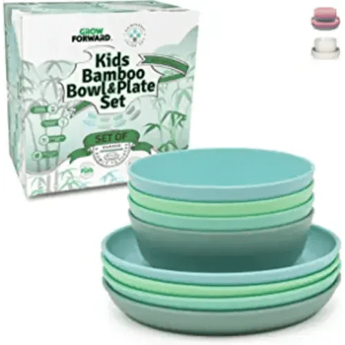 Grow Forward Bamboo Kids Plates and Bowls Set - 4 Bamboo Plates for Kids and 4 Bamboo Bowls for Kids - BPA Free & Dishwasher Safe - Eco Friendly Reusable Biodegradable Childrens Dishes - Rainforest