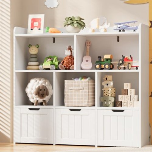 Kids Toy Storage Cabinet with 3 Movable Drawers and 6 Open Shelves, Noelse Kids Bookcase with Storage and Fall Prevention Barrier for Playroom Nursery Kids Room Organization, White