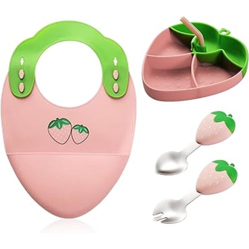 ZYLOSTORE Baby Feeding Set, Silicone Bowl & Utensils, 4-Piece Strawberry Design, Pink, For Every Occasion