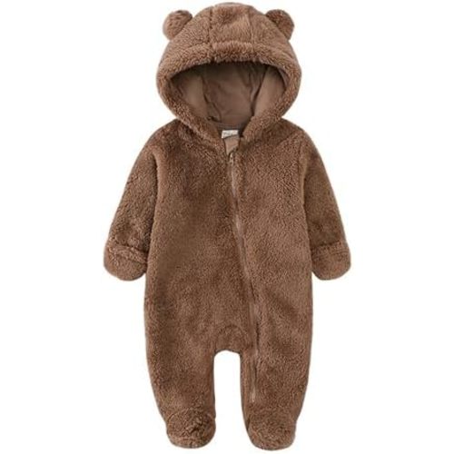 Infant Baby Fleece Jumpsuits Newborn Plush Bear Ear Sleepwear Hooded Romper Zipper Long Sleeve Bodysuit Footies