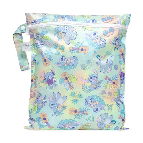 Bumkins Disney Waterproof Wet Bag for Baby, Travel, Swim Suit, Cloth Diapers, Pump Parts, Pool, Beach, Gym Clothes, Toiletry, Hook to Stroller, Daycare, Zipper Reusable Wetdry Packing Pouch, Stitch