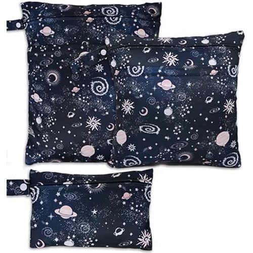 3pcs Cloth Diaper Wet Dry Bags Waterproof Reusable Wet Bag with 2 Zipper Pockets & Handle Washable Laundry Bags for Travel Beach Pool Daycare Yoga Gym Exercise Swimsuits