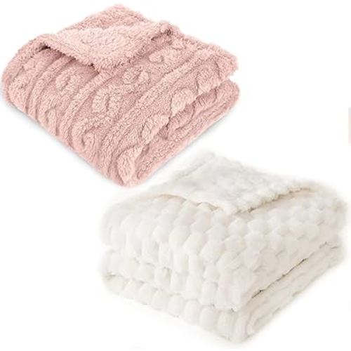 HOMRITAR 2 Pack 3D Fleece Fluffy Fuzzy Blanket for Baby + 3D Imitation Turtle Shell Jacquard Bed Blankets Pink and Cream 30 x 40 Inch