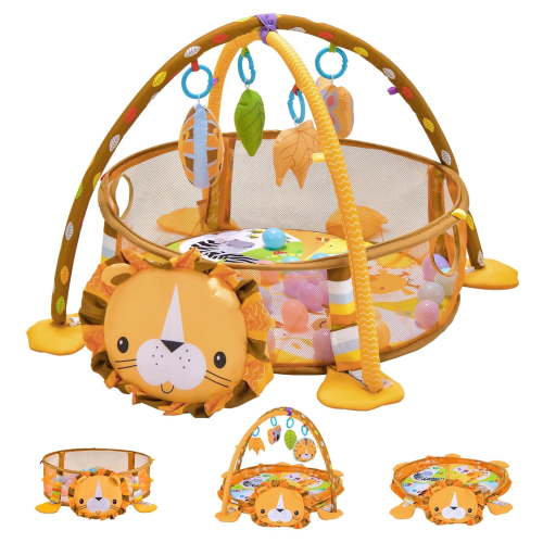 3-in-1 Baby Play Gym, Activity Mat with Hanging Toys, Ocean Balls, Lion Storage Bag, for Newborn Toddlers 0-3