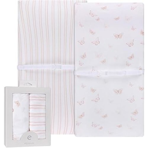 Ely’s & Co. Changing Pad Cover, Diaper Changing Table Sheets, 2 Pack, Cradle Sheet Set for Baby Girls, 100% Jersey Knit Cotton, Pink Butterfly + Stripe Collection, 32”x16”x5”