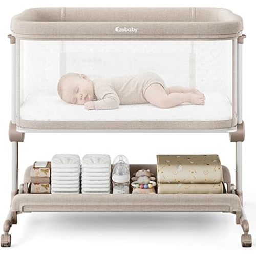 Ezebaby Baby Bassinets Bedside Sleeper, Portable Bedside Bassinet for Baby Newborn Infants with Adjustable 7 Heights and All Mesh Sides, Newborn Crib with Mattress and Soft, Breathable Sheet