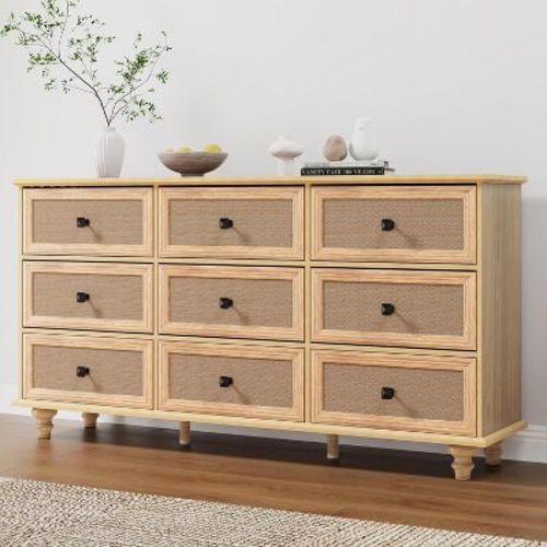 Orrd 9 Drawer Dresser For Bedroom, Mid Century Modern Wide Wood Rustic Chest Of Drawers Wooden Storage Organizer Dressers With Burlap Rattan